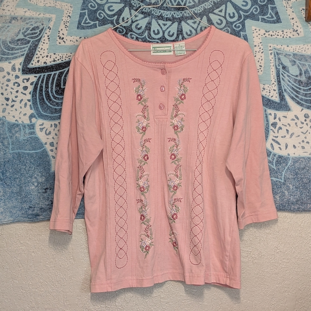 Vintage Pink Embroidered Floral Top M Grannycore Cottagecore Cabin Twee SoftGirl